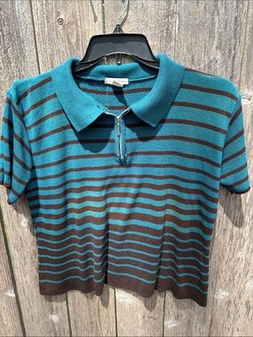 Women’s Striped V-Neck Polo Sweater in Teal and Brown